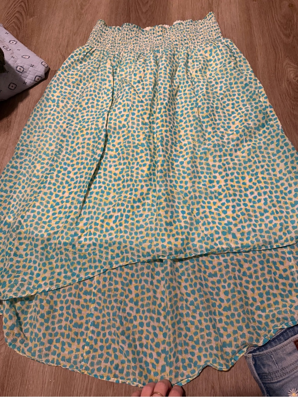 Ann Taylor Yellow and Teal Smocked-Waist High-Low Skirt